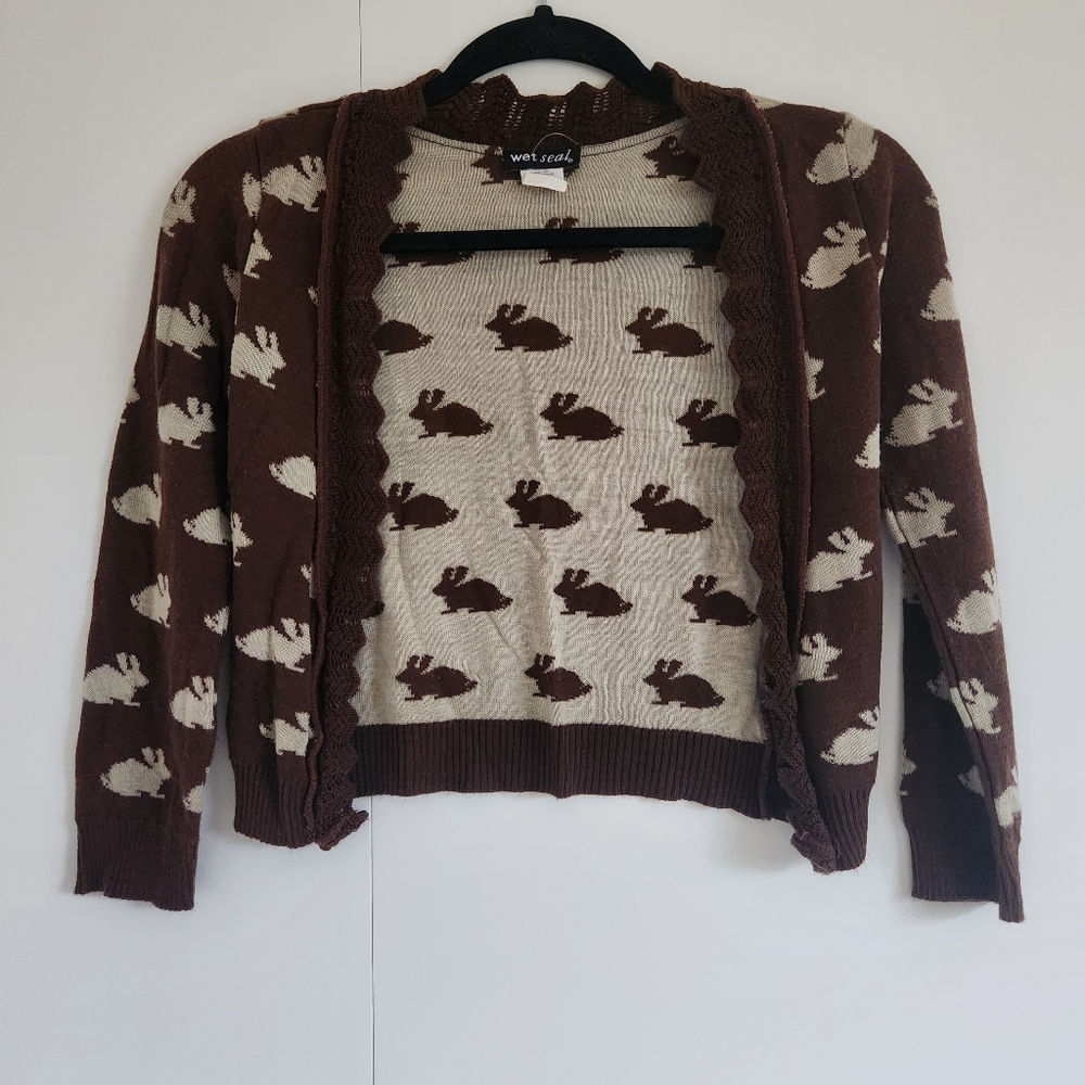 Y2K Wet Seal Bunny Rabbit Cardigan XS Brown Fairy Grunge Coquette Cottagecore